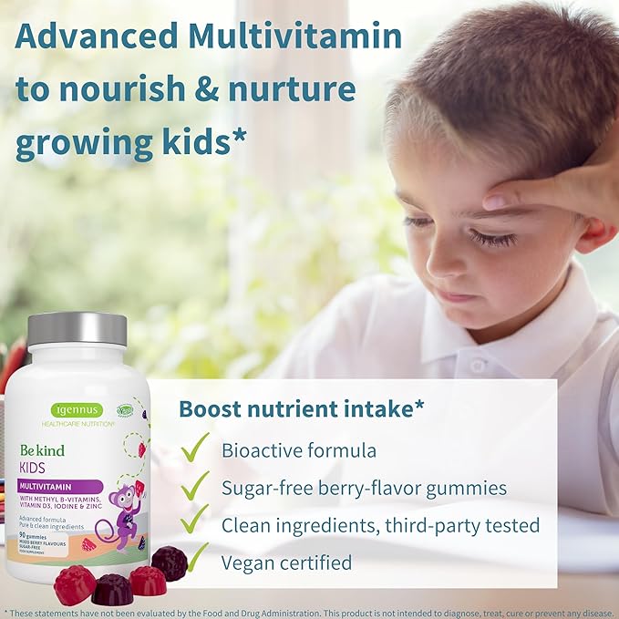 Igennus Methylated Kids Multivitamin Gummy, MTHFR, No Artificial Sweeteners or Flavors, Sugar Free, Age 4+, 90 Natural Berry Flavor Gummies from Fruit Powder, Non-GMO, Halal, Clean Label x6