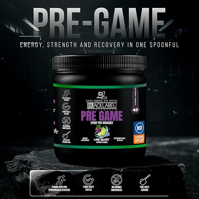 BLACKLABEL Supplements PRE-Game Pre Workout Powder, Lime Rickey (40 Servings) – NSF Certified for Sport – Customizable 150mg Caffeine for Energy and Focus – Low-Stimulant Pre Workout for Men and Women
