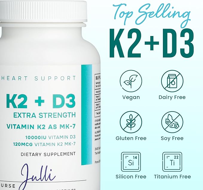 Vitamin K2 + D3 Extra Strength Supplement - 120 Capsules with MK-7 for Bone and Heart Health Support - Essential Nutrients for Calcium Absorption and Immune Function