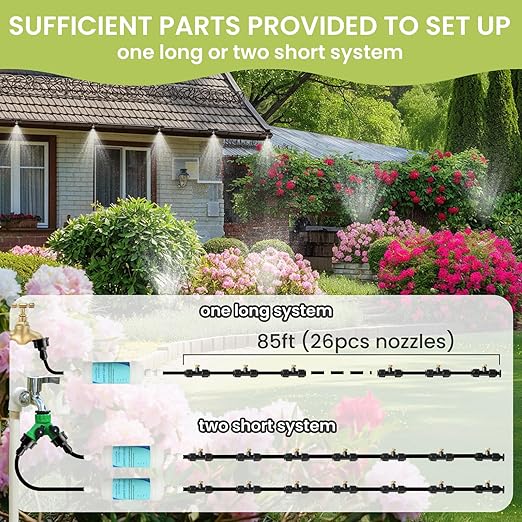 85FT Mister for Outside Patio Misting Cooling System, 85FT (26M) Misting Line+26 Brass Mist Nozzles+Water Filter, Outdoor Mister System for Garden Greenhouse Trampoline Waterparke