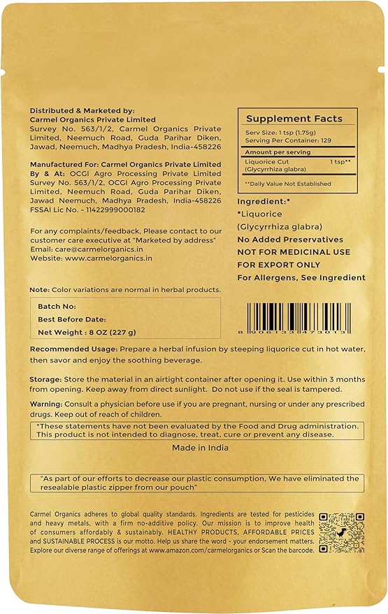 CARMEL ORGANICS Licorice(Mulethi) Root Cut 8 Ounce | Indian Yashtimadhu for Your Health,Skin and Hair Care | Glycyrrhiza Glabra | No Added Preservatives