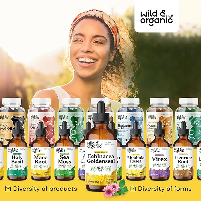 Wild & Organic Echinacea Goldenseal Tincture - Immune Support Drops with Echinacea and Goldenseal Root Extract - Vegan, Sugar & Alcohol-Free Liquid Supplement - 4 fl oz
