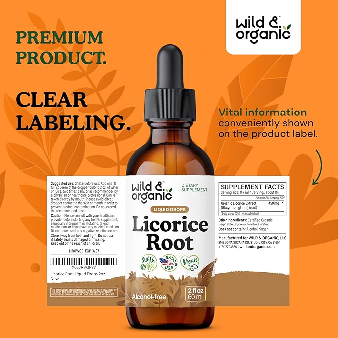 Wild & Organic Licorice Tincture - Digestive Support - Pure Licorice Root Extract Drops - Glycyrrhiza Glabra - Vegan, Sugar & Alcohol-Free Supplement - 2 fl oz