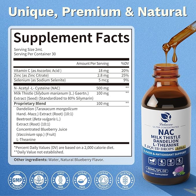 Liposomal NAC Supplement N-Acetylcysteine -700mg for Lung Health & Immune, Liver Support & Antioxidants* 9-in-1 Freeform N-Acetyl-L-Cysteine Drops w/Milk Thistle, L-Theanine, Beet Root, Vegan-2oz