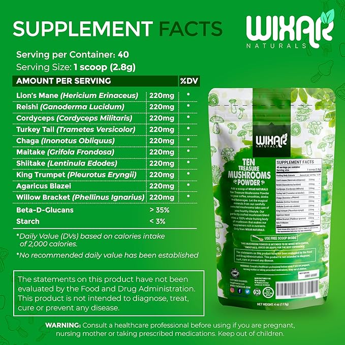 Wixar Mushroom Powder - Ten Treasure Mushrooms Extract Supplement Blend for Coffee & Smoothies - Lions Mane, Turkey Tail, Reishi, Chaga, Shiitake, Cordyceps, Complex - 4oz Mushroom Supplement