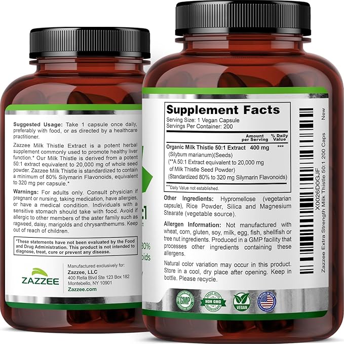 Zazzee Organic Milk Thistle 50:1 Extract, 20,000 mg Strength, 200 Vegan Capsules, 80% Silymarin Flavonoids, Over 6 Month Supply, Standardized and Concentrated 50X Extract, All-Natural and Non-GMO
