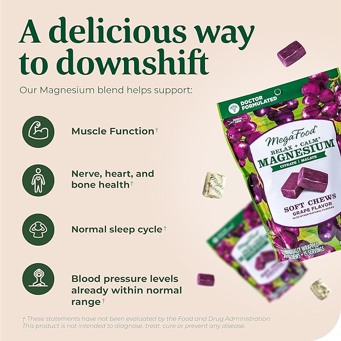 MegaFood Relax + Calm Magnesium Supplement -Soft Chews with Magnesium Citrate & Magnesium Malate - Grape-Flavor - Dr Formulated - Vegetarian - Without 9 Food Allergens - 30 Chews (Pack of 2)