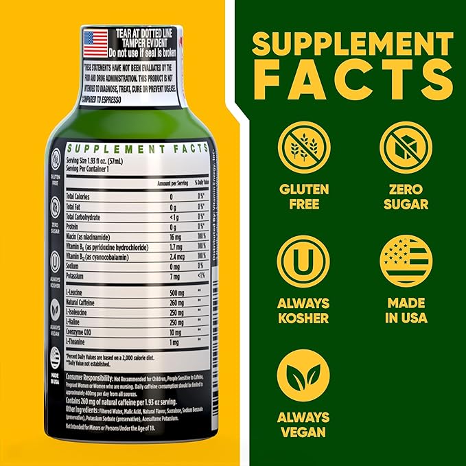 Vitamin Energy Focus+ Extra Strength Energy Shot Blue Raspberry 12 Pack, 260mg Natural Caffeine, B-Vitamins, CoQ10, Amino Acids, Focus, Productivity & Clarity, Zero Sugar, Gluten-Free, 1.93 fl oz