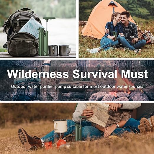 Water Filter Pump, 0.01 Micron 5-Stage Water Filter,Portable Outdoor Emergency and Survival Gear - Camping, Hiking, Backpacking (k8189 Green)