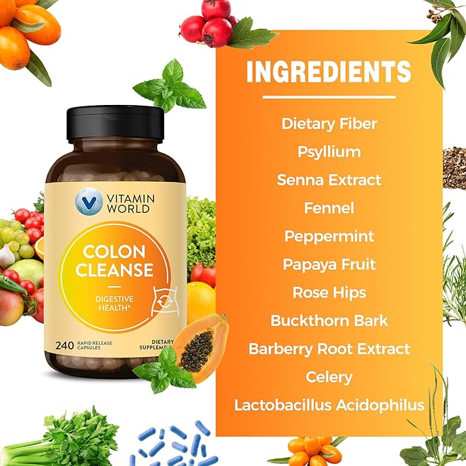 Vitamin World Colon Cleanse - 240 Capsules, Gut Detox with Psyllium Husk, Senna, Probiotics, Dietary Fiber & Herbal Blend – Supports Constipation Relief, Digestive Health & Regularity, Gluten-Free