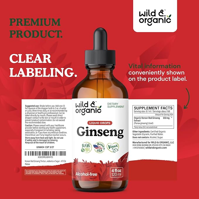 Wild & Organic Korean Panax Ginseng Extract Liquid - Red Ginseng Root Supplement for Overall Well-Being - Immune Support Drops - Vegan, Sugar & Alcohol-Free Tincture - 4 fl oz