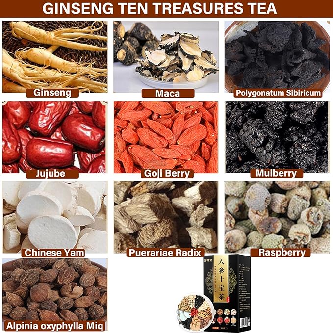 Ginseng Ten Treasures Tea, Chinese Herbal Kidney Detox Tea for Men & Women, 10 Precious Ingredients Formula (260g,10 bags/Box)