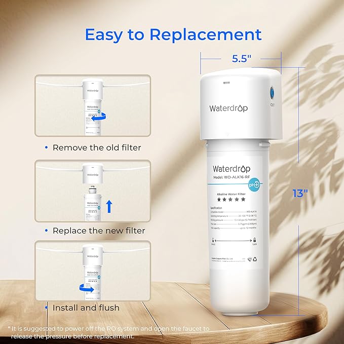 Waterdrop Alkaline Water Filter System for Sink WD-ALK16, Mineralizing Water to 9.5 pH, NSF/ANSI 372 Certified, Compatible with Reverse Osmosis Systems, Under Sink Installation