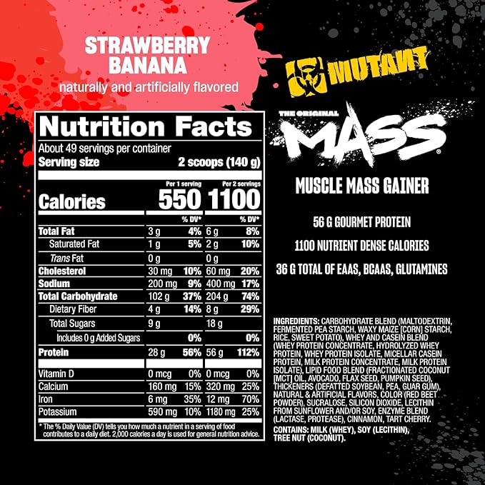 Mutant Mass Weight Gainer Protein Powder with Whey, and Casein Protein Blend for High-Calorie Workout Shakes, Smoothies, and Drinks, 15 lb - Strawberry Banana
