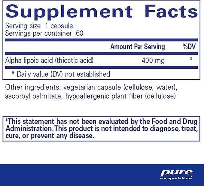 Pure Encapsulations Alpha Lipoic Acid 400 mg | ALA Supplement for Liver Support, Antioxidants, Nerve and Cardiovascular Health, Free Radicals, and Carbohydrate Support* | 60 Capsules