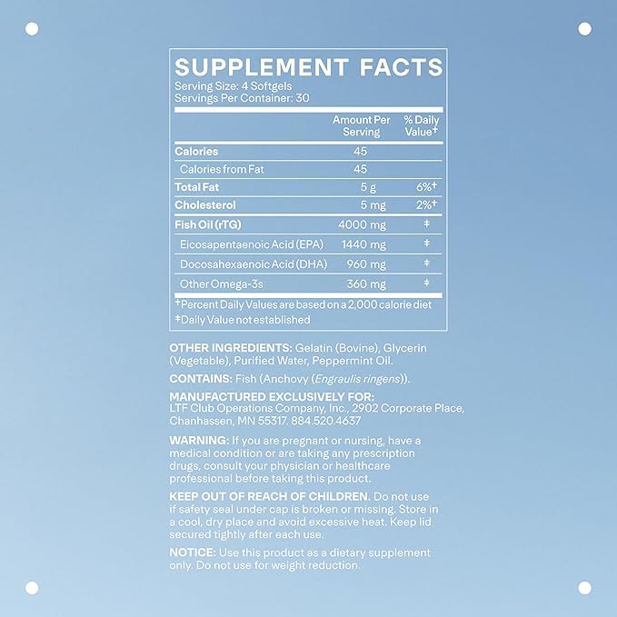 Glow Omega-3 Fish Oil - Trusted by Life Time Fitness Members - NSF Certified for Sport - Supports Brain & Heart Health - Aids Healthy Skin, Hair & Nails - Gluten Free & Soy Free - 30 Servings