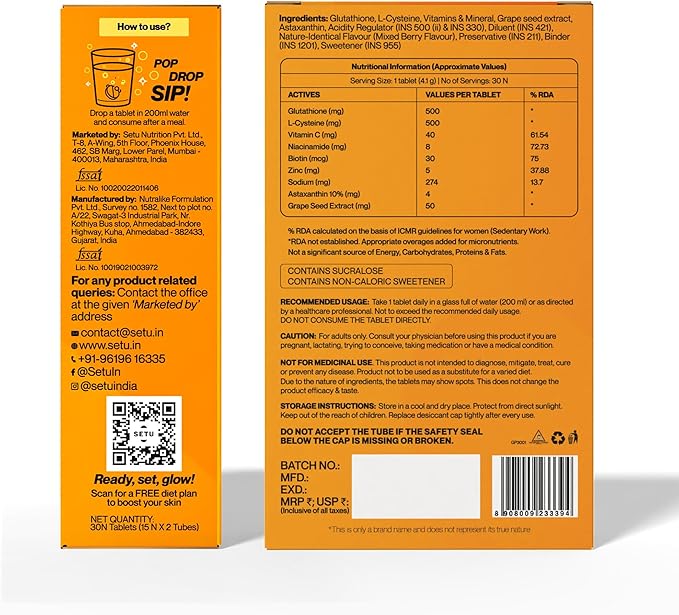 SETU Glutathione Effervescent Tablets with 500mg L-Glutathione & Vitamin C | Sugar-Free Antioxidant Supplement | Mixed Berry & Orange (Pack of 6) | 90 Tablets