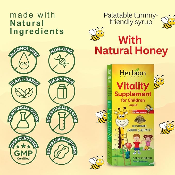 HERBION Naturals Vitality Supplement for Children, Promotes Growth and Appetite, Relieves Fatigue, Improves Mental & Physical Performance, for Kids 1 Year & Above, 5 Fl Oz (Pack of 3)