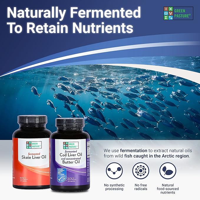 Green Pasture Bundle 120 Capsules Per Bottle - Fermented Cod Liver Oil with Butter Oil and Fermented Skate Liver Oil - With Vitamin A and D, EPA, DHA, Omega Fatty Acids - Non-Gelatin Fish Oil Capsules