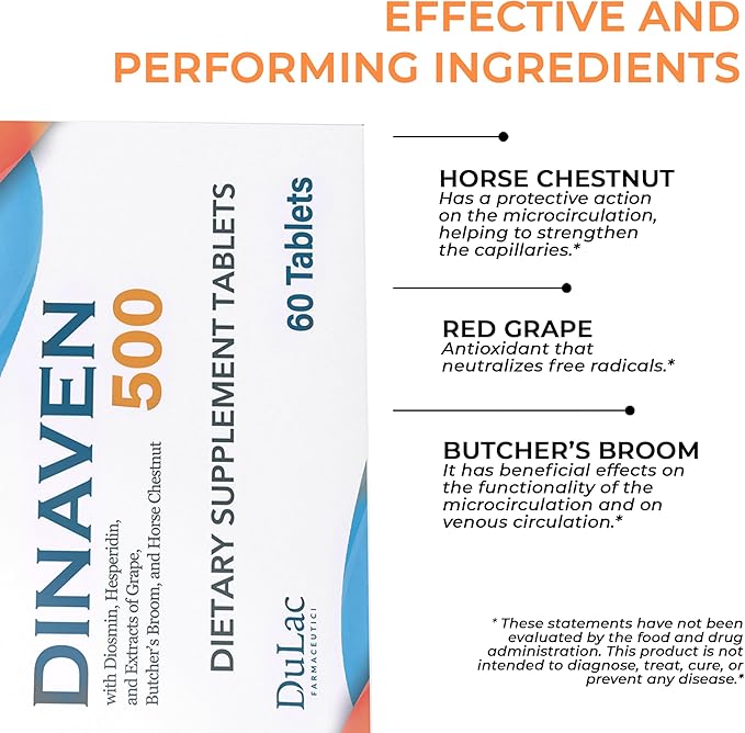 Dulàc - Dinaven 500, Diosmin Hesperidin 500mg Dietary Supplement 60 Tablets, Enriched with Butcher's Broom, Horse Chestnut Extract and Grape Seed Extract, Made in Italy
