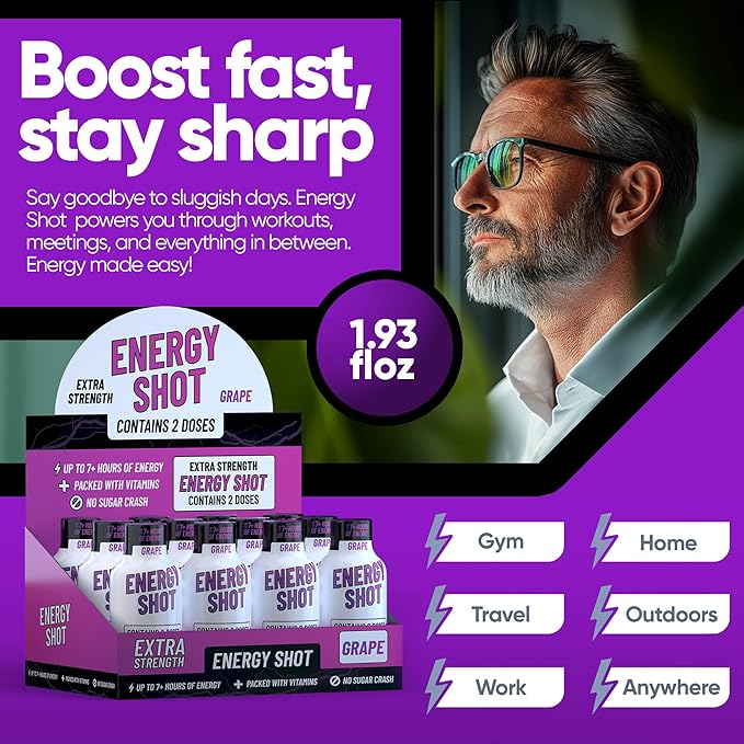 Energy Shot – 2 Servings – 100% DV B-Vitamins & 130mg Plant-Based Caffeine – Zero Calories, Sugar-Free, Vegan, Non-GMO – Energy & Productivity Support (1.93 Fl Oz (Pack of 24), Grape)