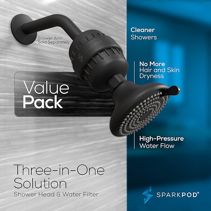 SparkPod 23-Stage Filtered Shower Head with 3 Spray Settings - High Pressure Shower Head with Filters for Dry Hair and Skin - Showerhead with Filter Reduces Chlorine & Heavy Metals (Black Matte)