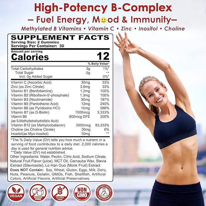 Vitamin B Complex Gummies, Vegan Vitamin B Gummies with 2000 mcg Methyl B12, Methyl Folate | Plus Choline + Inositol, Vitamin C + Zinc for Supports Energy, Mood, Immune, Healthy Hair, Skin - 120 Cts