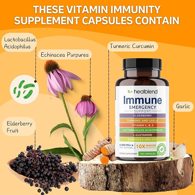 healblend 10 in 1 Immune Support Supplement Booster with Elderberry, Zinc, Echinacea, Turmeric, Lactobacillus Acidophilus, for Adults (3 Pack)