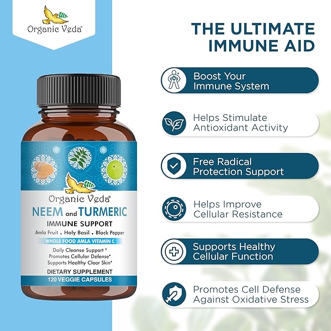 Organic Veda Neem & Turmeric Capsules with Amla Fruit, Tulsi, Holy Basil, Black Pepper Extract - Immune Support Dietary Supplement - Boosts Healthy Clear Skin & Cellular Defense - 120 Vegan Capsules