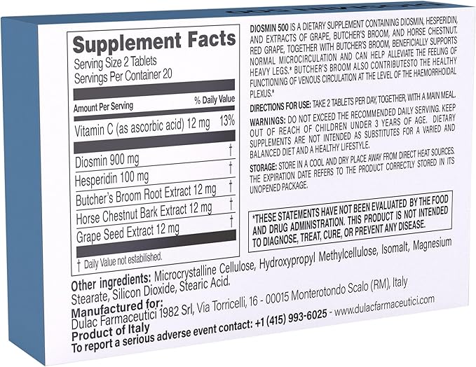 Dulàc - Diosmin 500 with Horse Chestnut, Butcher’s Broom, Red Grape & Hesperidin - Dietary Supplement - 40 Tablets - Made in Italy