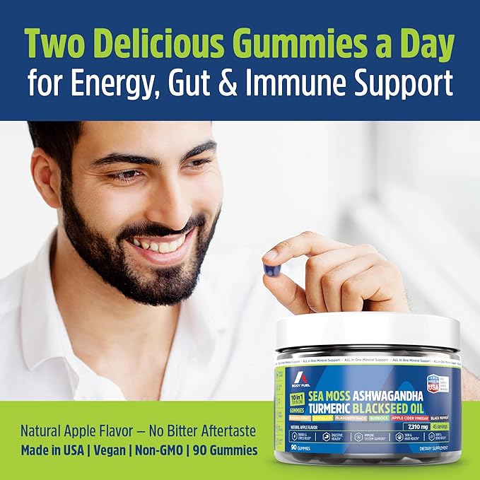 Sea Moss Gummies – 10-in-1 Formula with Black Seed Oil, Ashwagandha, Turmeric, Apple Cider Vinegar, Burdock Root, Manuka Honey and More – Vegan, Non-GMO, 90 Count, 45-Day Supply