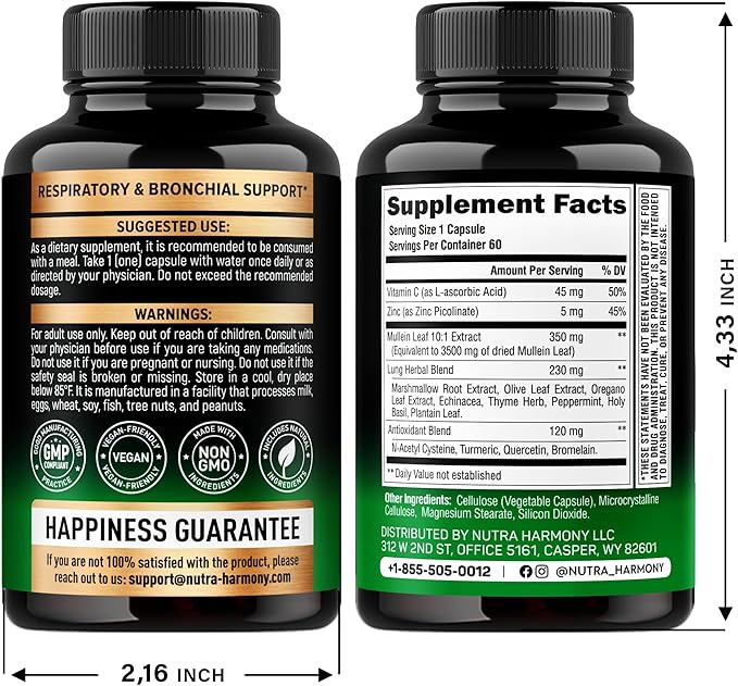 Mullein Leaf Extract for Lung Detox - Marshmallow Root | Echinacea | Oregano | Quercetin | NAC - 15-in-1 Lung Support & Cleanse for Smokers Supplement - Made in USA - As Drops, Tincture - 60 Capsules
