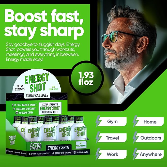 Mixed Berry Extra Strength Energy Shot 12 pk – 260mg Natural Caffeine B12 B6 – Energy & Focus Support – 2 Servings Sugar Free Zero Calorie Green Tea B-Vitamins Electrolytes Vegan – 1.93 fl oz