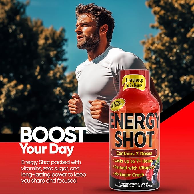 Energy Shot – 2 Servings – 100% DV B-Vitamins & 130mg Plant-Based Caffeine – Zero Calories, Sugar-Free, Vegan, Non-GMO – Energy & Productivity Support (1.93 Fl Oz (Pack of 48), Fruit Punch)