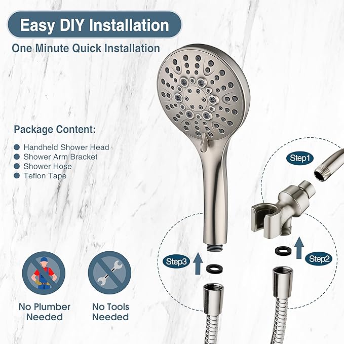 BRIGHT SHOWERS High Pressure Shower Head with Handheld, 9 Spray Settings Showerhead Built in Power Wash to Clean Tub and Pets, Extra Long 69" Hose, Adjustable Bracket, Brushed Nickel
