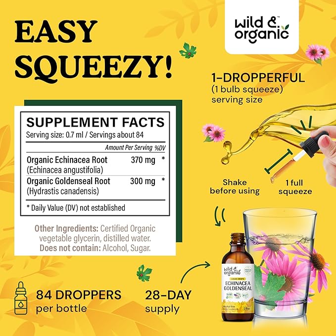 Wild & Organic Echinacea Goldenseal Liquid Drops - Immune Support Supplement w/Goldenseal Echinacea Root Extract - Vegan, Sugar & Alcohol-Free Tincture - 2 fl oz