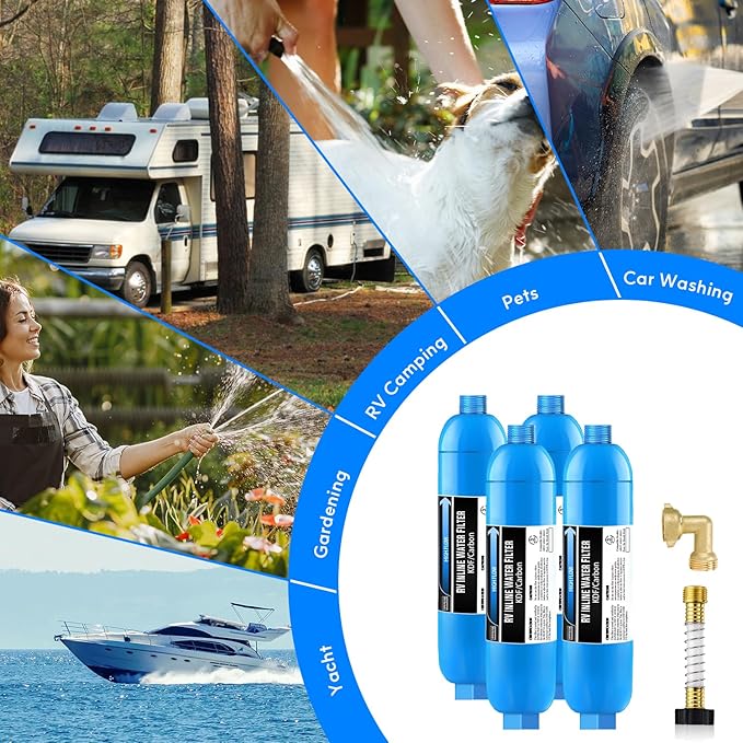 Lifefilter RV Inline Water Filter with Solid Brass 90 Degree Hose Elbow, Eliminates Stress and Strain On RV Water Intake Hose Fittings(4 Pack)