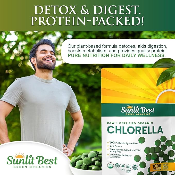Sunlit Best USDA Organic Premium Chlorella Tablets 1000 Count | 100% Pure Chlorella Superfood Supplement High in Protein, Chlorophyll, Vitamins, & Minerals | Supports Good Health, Wellbeing