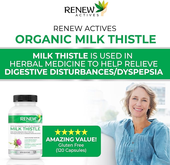Renew Actives Milk Thistle Capsules 175MG per Serving Organic Seed Extract for Liver Health, Concentrated Silymarin Formula, Antioxidants, & Digestive Wellness – Made in Canada - 120 Capsules