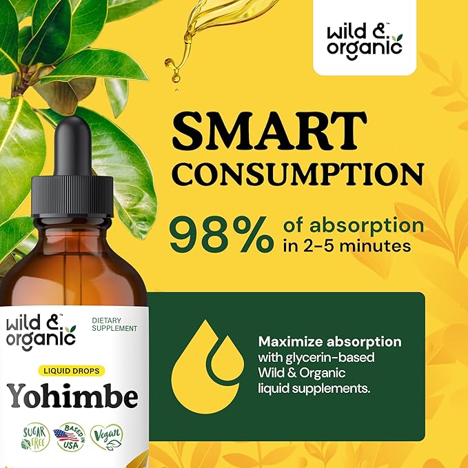 Wild & Organic Yohimbe Supplements for Men & Women - 5 mg Yohimbine Extract Tincture - Alcohol-Free Yohimbe Bark Drops - Vegan, Non-GMO & Sugar-Free - 4 fl oz
