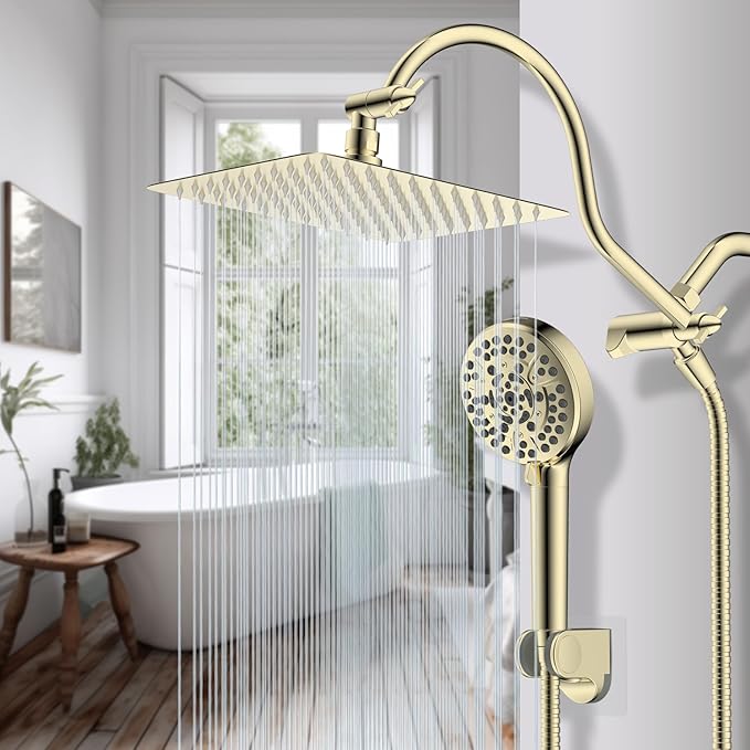 Hibbent All Metal Shower Head, 10'' High Pressure Rainfall Shower Head/Handheld Gold Showerhead Combo with 12'' Adjustable Shower Extension Arm, 10-Spray, 71'' Hose Showerhead Holder, Polished Brass