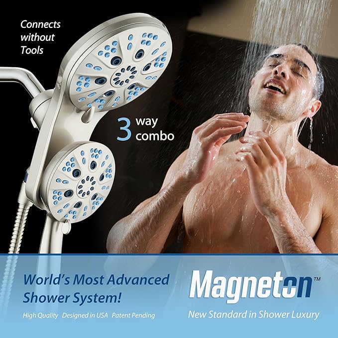 AquaCare Magneton High-Pressure 48-mode Luxury 3-way Combo System with Magnetic Guidance Docking, Giant Rain & Handheld Shower Head, Hygienic Jets and 6 ft. Stainless Steel Hose, Satin Nickel