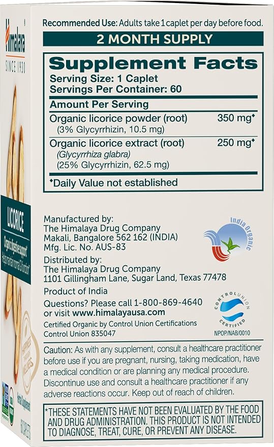 Himalaya Organic Licorice, 120 Day Supply - Digestive Health Supplement for Upset Stomach, Occasional Bloating and Heartburn - USDA Organic, Vegan, Non-GMO, Non-DGL, Gluten Free, 60 Caplets, 2 Pack
