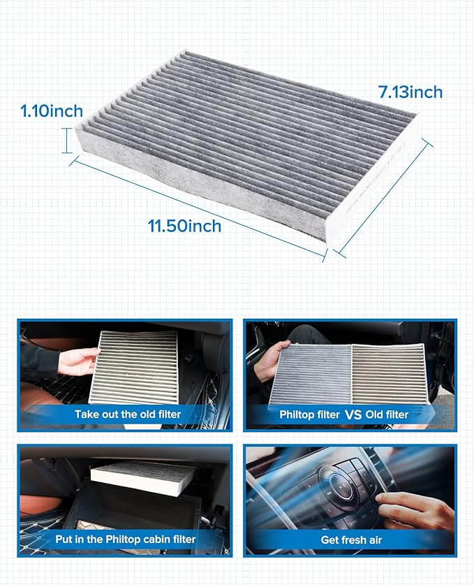 PHILTOP Cabin Air Filter, ACF083 (CF11181) Replacement for XLR 2004-2009, Corvette 2005-2019 Passenger Compartment Air Filter with Activated Carbon, Filter Up Dust Pollen