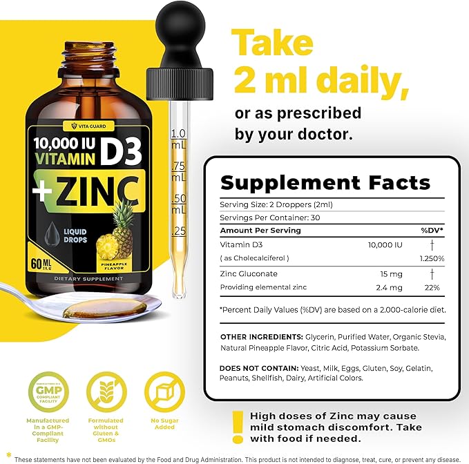 Vitamin D3 Drops with Zinc โ 10,000 IU D3 & 15 mg Zinc Liquid Supplement โ Immune Support for Men & Women โ Sugar-Free Pineapple Flavor โ 30-Day Supply