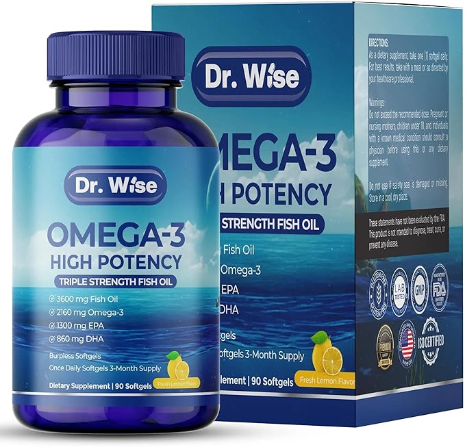 Triple Strength Omega 3 Fish Oil 3600mg β 1300mg EPA & 860mg DHA- Once Daily β Burpless Lemon Flavor, β Supports Heart, Brain, Joint & Eye Health β Wild Caught, Non-GMO, 90 Softgels, 3-Month Supply