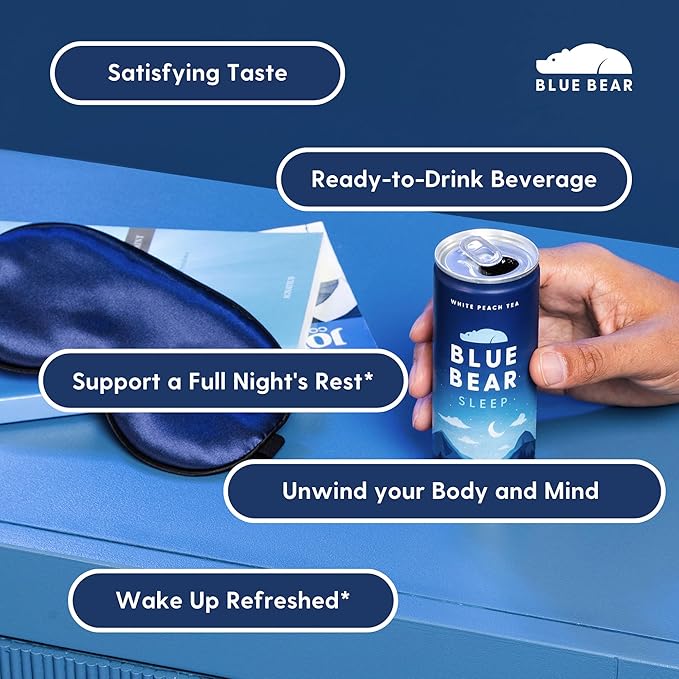 Blue Bear Melatonin Sleep Drink, Sleep Tea for Bedtime Support, White Peach Tea with Melatonin (5mg), Lavender, Ashwagandha, Chamomile, GABA, L-Theanine, Caffeine-Free, Zero Sugar, 8.4 Fl Oz 12-Pack