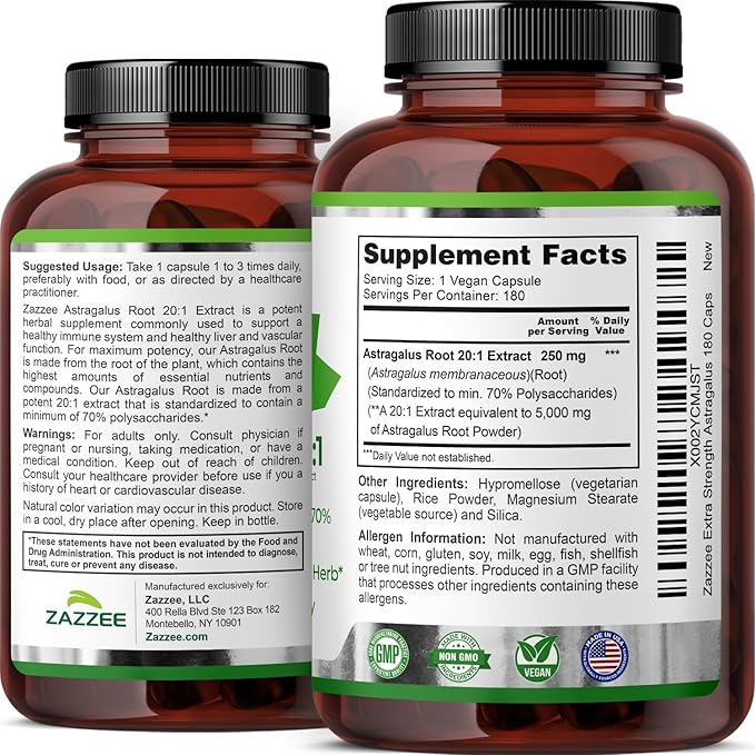 Zazzee Extra Strength Astragalus Root 20:1 Extract, 5000 mg Strength, 70% Polysaccharides, 180 Vegan Capsules, 6 Month Supply, 100% Vegetarian, Standardized and Concentrated 20X Extract, Non-GMO