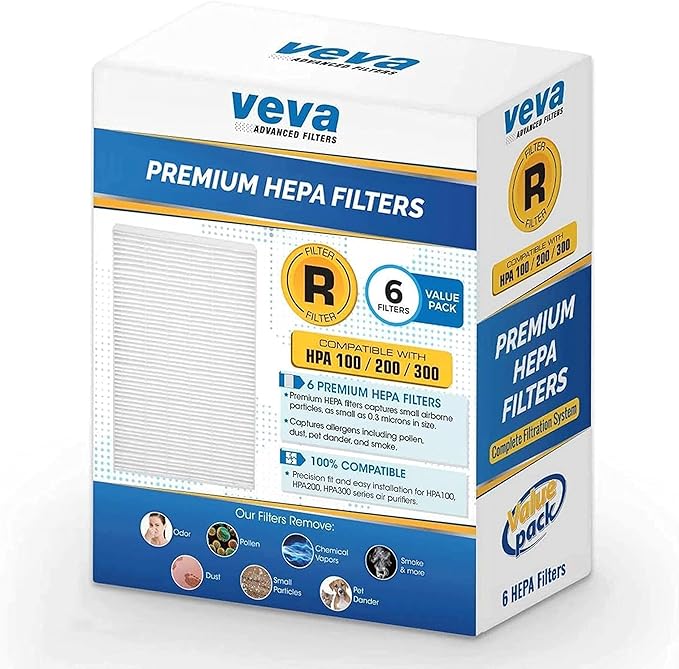 VEVA HEPA Filter Replacement 6 Pack - Compatible w/Honeywell Air Purifier Series HPA090, HPA100, HPA200, HPA250 & HPA300
