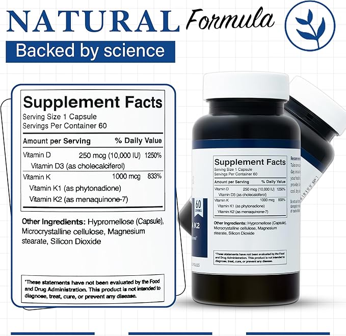 Vitamin D3 10,000 IU with K2 – Immune, Teeth, Bone Health Support, Non-GMO, Gluten & Dairy Free, 60 Day Supply, 60 Capsules